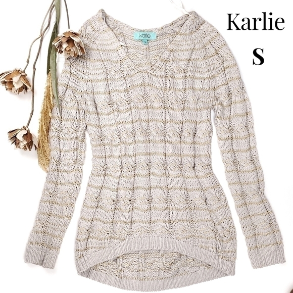 Karlie Sweaters - Karlie Tan Gold Striped Cable Knit Long Sweater Sz S